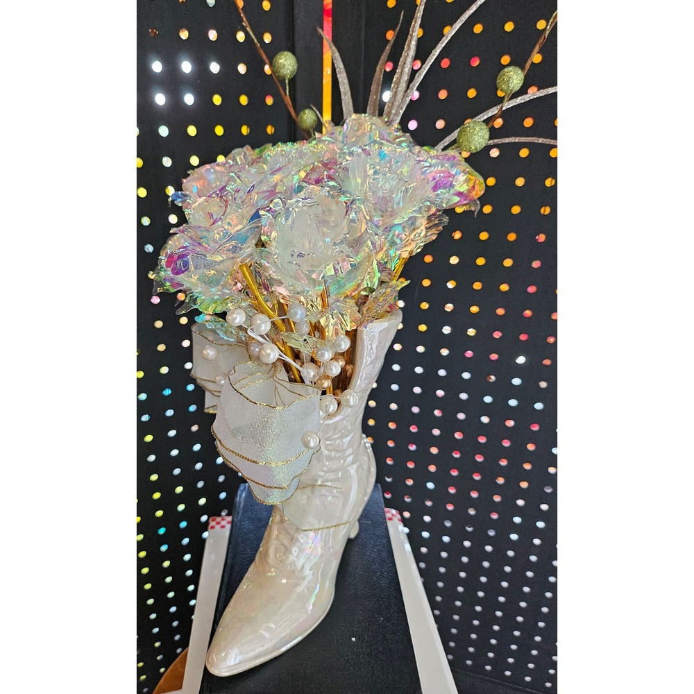 Handmade Iridescent Rose Floral Arrangement Victorian Boot Vase Luster Decor